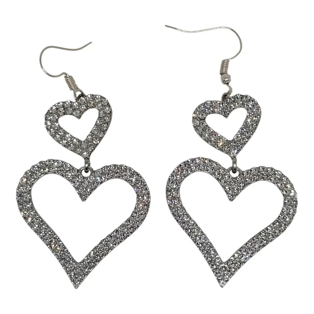 Sparkling Crystal Double Heart Drop Earrings Vintage Style Silver-Tone